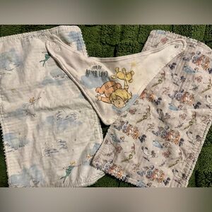 2 Peter Pan burp cloths & a bib